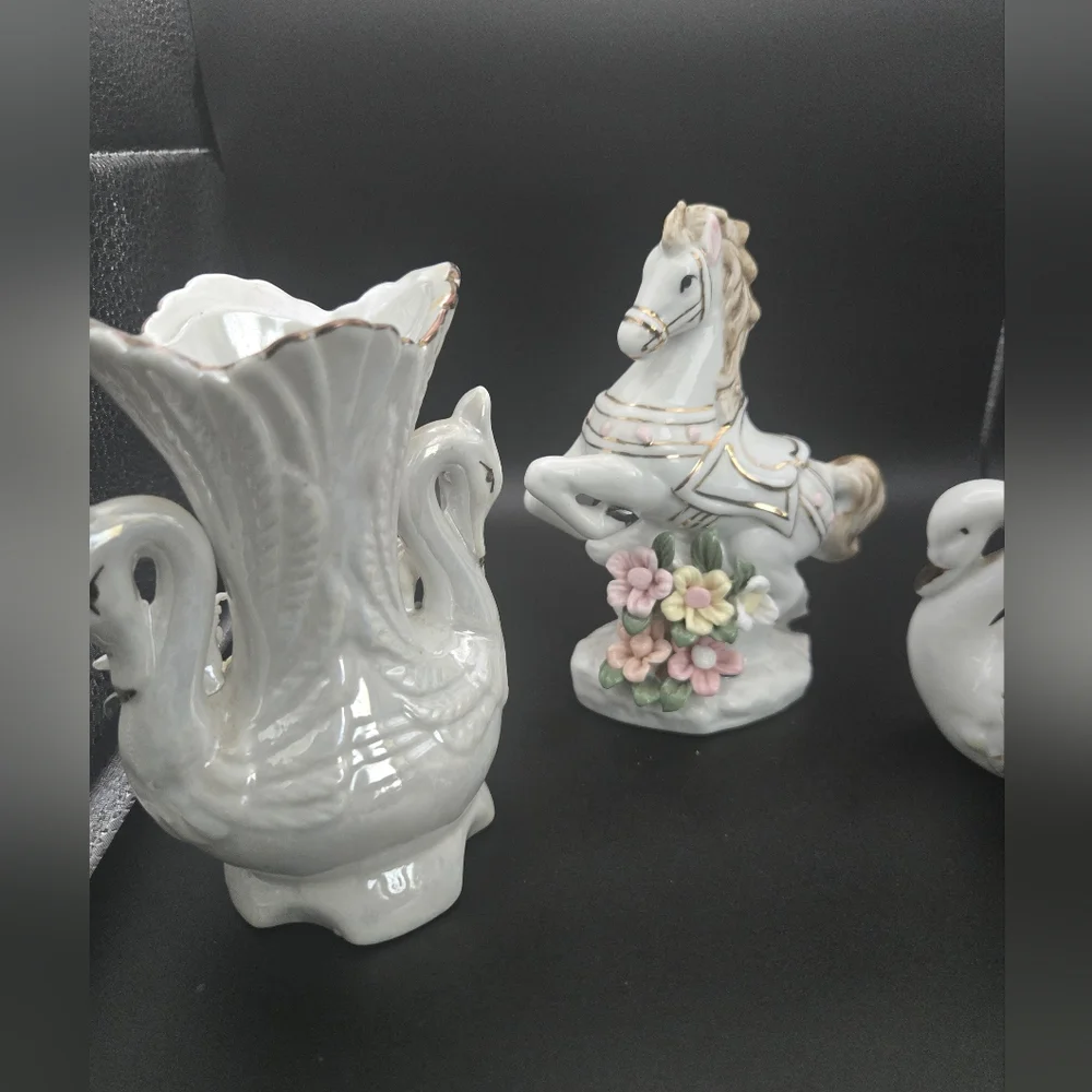 Porcelain Swan and Horse Figurines with Floral Accents Vintage